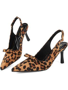 Women's Leopard Comfortable Slingback Closed Pointed Toe 3Inch Kitten Heel Pumps